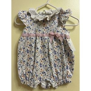 Laura Ashley Baby Girl Floral Lace Collar Summer Romper Outfit Size 6 - 9 Months